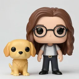 pop figure of mom with long, brown, slightly curly hair and glasses and a golden retriever pop figure next to her