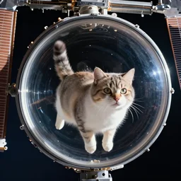 Photo of a cat floating inside the International Space Station in zero gravity, highly-detailed 4K award-winning cinematic