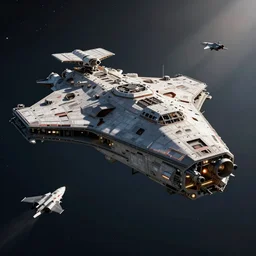 giant space ship in orbit surrounded by small fighter spacecraft photo dramatic lighting