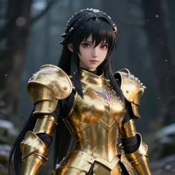 portrait focus of beautiful darkness knight 3D anime girl, golden armor wearing, dark forest background, snowing, bokeh, inspired by Masami Kurumada, digital painting, high contrast, octane render, volumetric lighting, high détail
