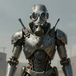 low angle shot of a cyberpunk gazmask robot character wearing a gazmask in chernobyl, intricate, elegant, highly detailed, centered, digital painting, artstation, concept art, smooth, sharp focus, illustration, artgerm, Tomasz Alen Kopera, Peter Mohrbacher, donato giancola, Joseph Christian Leyendecker, WLOP, Boris Vallejo