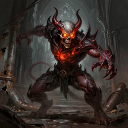 a matte painting of a humanoid demonic monster with glowing fire eyes and a skull face doing a henshin pose, action scene, dramatic lighting, gothic, league of legends character splash art, digital painting, concept art, dark colors, muted colors, red colors, tense atmosphere, moody colors, rusted walls, broken pipes, church cathedral, cinematic lighting, sharp focus, in the style of frank frazetta