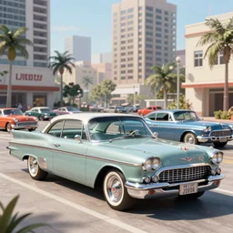 vintage cadillacs and cars in liberty city, grand theft auto, photorealistic hyperdetailed 3 d matte painting, hyperrealistic, cinematic, unrealengine octane render,