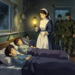 1 8 5 5 crimea, army hospital at night, patients sleeping, florence nightingale holding lamp, visiting the soldiers to make sure they were comfortable, wounded patients, finely detailed perfect art, painted by greg rutkowski makoto shinkai takashi takeuchi studio ghibli