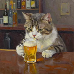 oil in canvas of a cat drinking beer a bar, it is sad