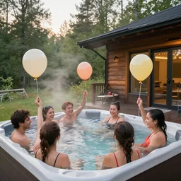 people in a hot tub by a cabin in nature, everyone holding a balloon each