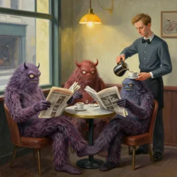 hideous cronenberg monsters relaxing at a cafe. a waiter is pouring coffee. one monster is reading a newspaper. painting by edward hopper, 3 d rendering by beeple, 8 k, comfy