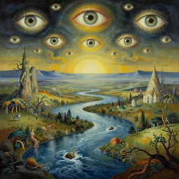 A very detailed surreal fantasy horror painting by Manjit Bawa and Salvador Dali, sacred landscape, frightening rivers, eyes throughout the sky, trending on artstation, hyper detailed, 4k, masterpiece, widescreen.