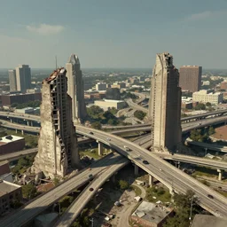 ruins of a high five interchange in Dallas Texas, fantasy art by Simon Stalenhag