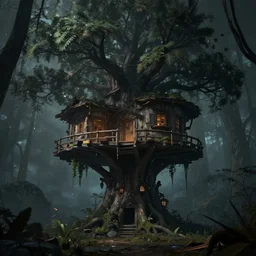 post - apocalyptic dark liminal space dark paradise tree house, digital art, by pixar