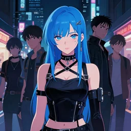 digital illustration portrait of cyberpunk pretty girl with blue hair, wearing dominatrix outfit, in city street at night, by makoto shinkai, ilya kuvshinov, lois van baarle, rossdraws, basquiat