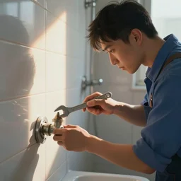 the repairman using a wrench to fix a valve in the bathroom, smooth, extremely detailed, cinematic lighting, illustration, digital art, crepuscular ray, trending on artstation