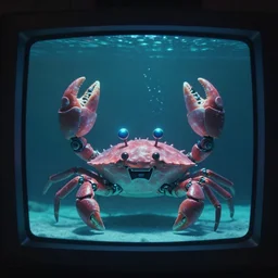 robot cute cyborg - crab underwater, in 2 0 1 2, bathed in the the glow of a crt television, crabcore cybercore, low - light photograph, photography by tyler mitchell