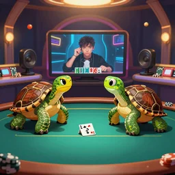 Funky Turtles fighting during fancy online poker stream, digital art, 4k,