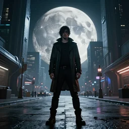 Mysterious cyberpunk man standing in the middle of a sci-fi  future street photo by Gregory Crewdson, a city on the Moon