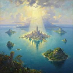 a beautiful painting of a A paradisiacal landscape of a sea lagoon surrounded by islands, a fantastic city built on water, rays of light illuminating the water by John Howe, Trending on Artstation, Landscape vista
