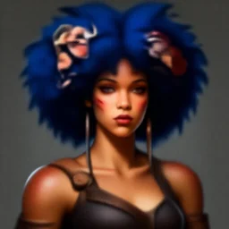 portrait of beautiful young maiden, warhammer, afro style, more and more cyberpunk, a lot of more scars, more and more flowers, blue head, some red water, the middle ages, highly detailed, artstation, illustration, artgerm sylvari portrait, 8 k quality, art by max ernst