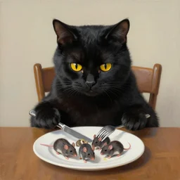 a black cat with yellow eyes sitting at the table, eating a plate of mice using a knife and a fork, matte painting, photorealistic, oil painting, illustration