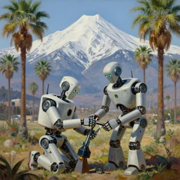 natural american landscape | robot repairing another robot in front of | palm trees | snowy mountains, painting by syd mead and weta studio and james jean, frank frazetta, highly detailed, rule of third, soft lighting, 8 k resolution, oil on canvas, architectural magazine, beautiful detailed, insanely intricate details, artstation trending, hypermaximalistic, high details, cinematic