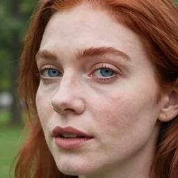 close up photo of the left side of the face of a redhead woman with blue eyes who looks directly at the camera. Slightly open mouth, with a park visible in the background. 135mm nikon. Intricate. Very detailed 8k. Sharp. Cinematic post-processing.