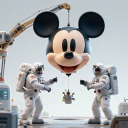 graphic art of dystopian futuristic 1 0 mechanic surgeons astronauts, operate on a mickeymouse!!! head baloon float held by a crane. ominous glowing red netflix!!! sign in the background, trending on art station, beeple!!, clean concept art, smooth, octane render, minimal, brain exposed
