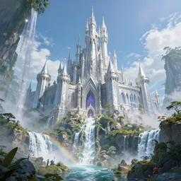 extreme low angle shot of a beautiful elven castle made of silver above huge waterfalls, lovely valley, by James Gurney, by Greg Rutkowski, concept art, volumetric lighting, intricate, vivid colors, octane render, trending on artstation, 8k