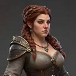 plump female dwarven noblewoman | complex braided hairstyle | hyperdetailed | donato giancola | waist-up portrait | big nose, chubby body | dungeons and dragons |