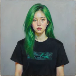 woman with green hair wearing a black t - shirt with a cool design, by ross tran, oil on canvas