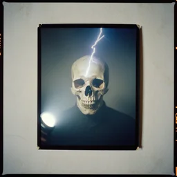 kodak portra 4 0 0, wetplate, flashlight, 8 5 mm carl zeiss, blueberry, award - winning colour portrait by britt marling : a skull with a thunderbolt trespassing it, quadratic quadratic picture frames, haze, wallpaper, fog, no people