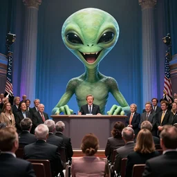 an giant alien laughing at a crowd of politicians