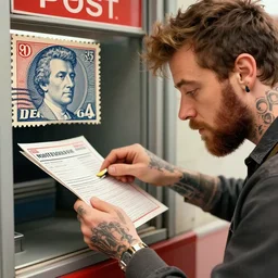 a closeup photorealistic illustration of post malone sorting mail at a post office next to a vintage american postage stamp with his face on it. fine detail. this 4 k hd image is trending on artstation, featured on behance, well - rendered, extra crisp, features intricate detail, epic composition and the style of unreal engine.