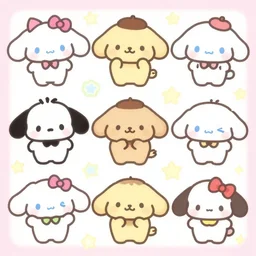 cute fluffy creatures as adorable sanrio characters, character sheets
