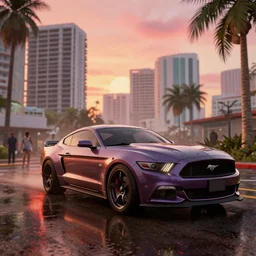 still next - gen ps 5 game grand theft auto 6 2 0 2 4 remaster, graphics mods, rain, red sunset, people, reflections, gta vi, miami, palms and miami buildings, screenshot, unreal engine, 4 k, 5 0 mm bokeh, close - up ford mustang, gta vice city remastered, rtx, artstation