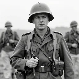 Hank hill as an soldier during WW2, grainy monochrome photo