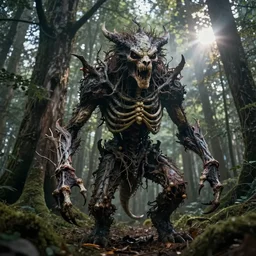 an incredibly scary and very very unique monster creature with animal, skeletal and tree characteristics, ancient folk legend in the forest, extremely creative, detailed, gloomy, flash, lens flare, 1 8 mm lens, digital medium format professional photography