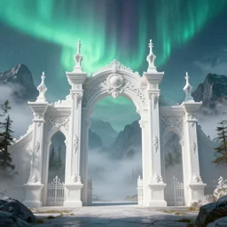 a very detailed concept art of intricate and well designed white gates to misty mountains, infused with aurora borealis by greg rutkowski, dynamic lighting trending on artstation, symmetry, digital art, 4 k, hyper realistic, octane render, sharp focus