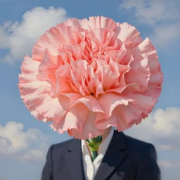 closeup, giant carnation flower head, woman in suit, clouds in sky, surreal, impressionist painting, digital painting, artstation, rob gonsalves