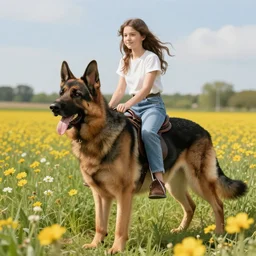 girl riding a giant German shepherd in a field of flowers, trending on artstation