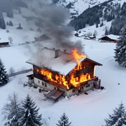 burning mansion in the alps with snow covered roof zoomed out, shot from drone, iphone capture, fire