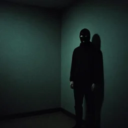 creepy Liminal interior of RE7, masked person in corner, in the style of 35mm photography