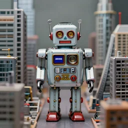 closeup portrait of tin toy robot city, depth of field, zeiss lens, detailed, symmetrical, centered, fashion photoshoot, by nicoletta ceccoli, mark ryden, lostfish, breathtaking, 8 k resolution, extremely detailed, beautiful, establishing shot, artistic, hyperrealistic, octane render