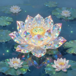 a painting of crystal lotuses in an iridescent pond with bioluminescent algae and waterlilies by yusuke murata and makoto shinkai and moebius, cel shaded, unreal engine, highly detailed, iridescent, illustration, artstation, pixiv, reflective, volumetric lighting, soft glow, vibrant, sharp
