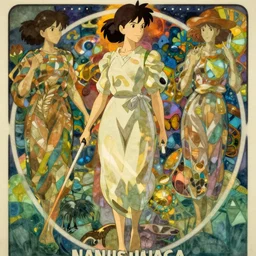by yoshitaka amano, by alphonse mucha, movie poster for a ghibli nausicaa, mononoke, miyazaki