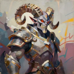 Greg Manchess portrait painting of a large-horned demonic, devil armored character from league of legends, medium shot, asymmetrical, profile picture, Organic Painting, sunny day, Matte Painting, bold shapes, hard edges, street art, trending on artstation, by Huang Guangjian and Gil Elvgren and Sachin Teng