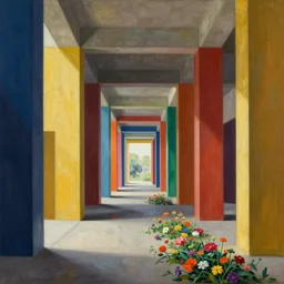 colorful minimalist industrial interior hallway with monolithic pillars in the style of ridley scott and stanley kubrick, impossible stijl architecture, bed of flowers on floor, ultra wide angle view, realistic detailed painting by edward hopper