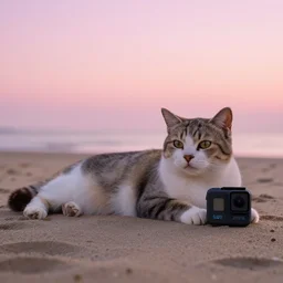 a cat relaxing on the beach, pink sunset, real photograph, shot on a GoPro Hero 8