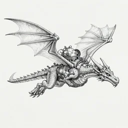dragon flying with steam punk apparatus on it's back, clean lines, really clear, crisp detail, fine pen, artstation, Ian Miller