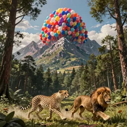 cheetah and a lion run through the forest and see a mountain of balloons , concept art, huge scale, high detail, sci fi by Evgeniy Antonenkov
