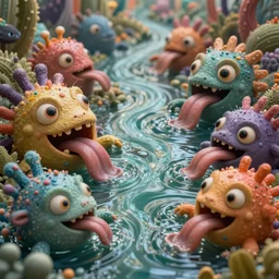 of an intricate murky colorful river with strange cute friendly happy creatures with huge eyes long tongue round teeth and funny face appearing from the water, in the style of craola, macro lens, shallow depth of field, highly detailed, digital painting, trending artstation, concept art, illustration, cinematic lighting, vibrant colors, photorealism, epic, octane render