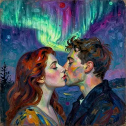 close portrait of woman and man kissing. aurora borealis. iridescent, vivid psychedelic colors. painting by georges de la tour, agnes pelton, utamaro, monet
